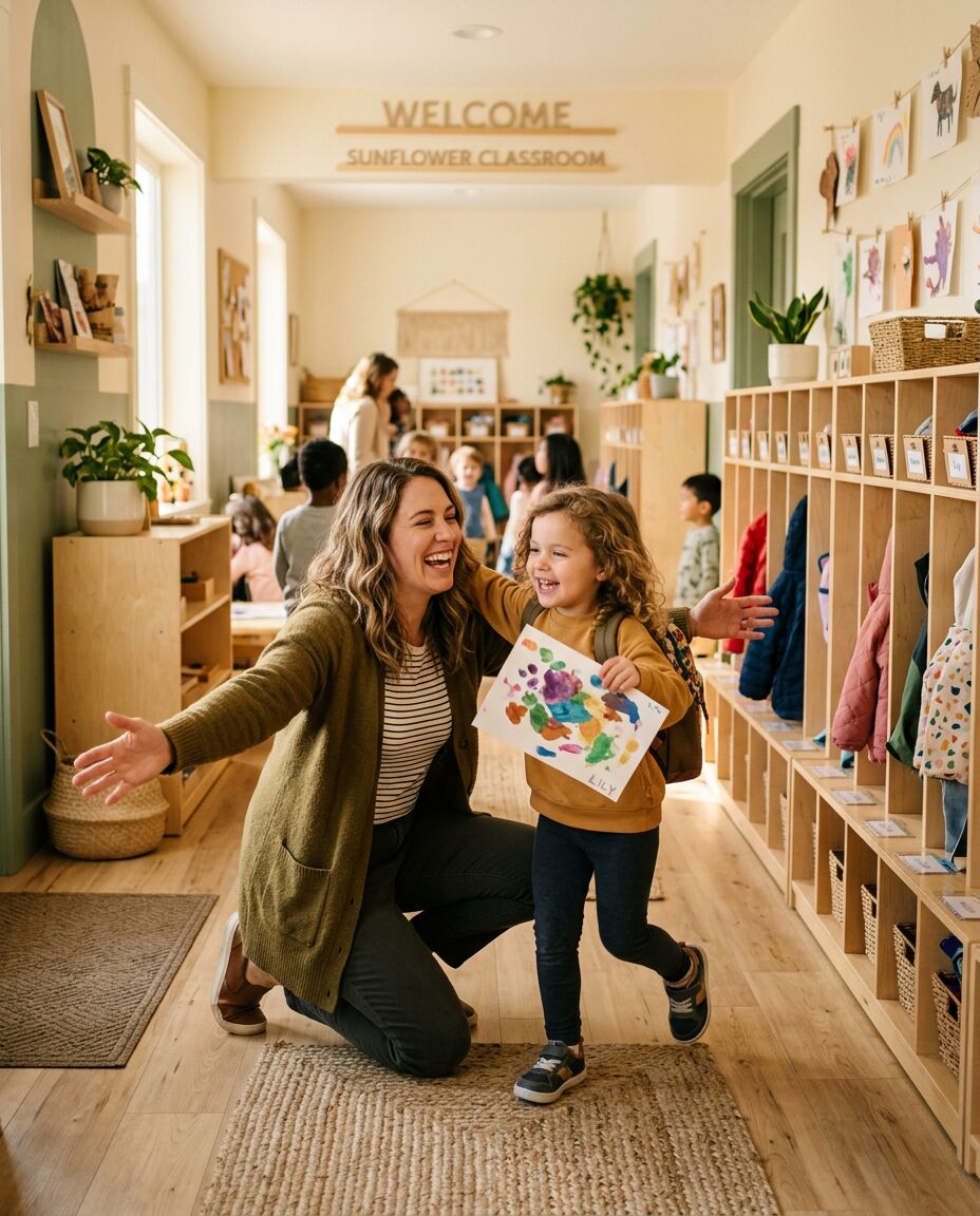 Parent greeting their child at a childcare pickup